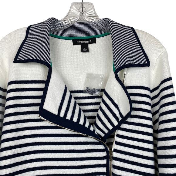 FOXCROFT Cardigan L 100% Cotton Navy White Striped Zip Front Coastal Beachy - Picture 3 of 11